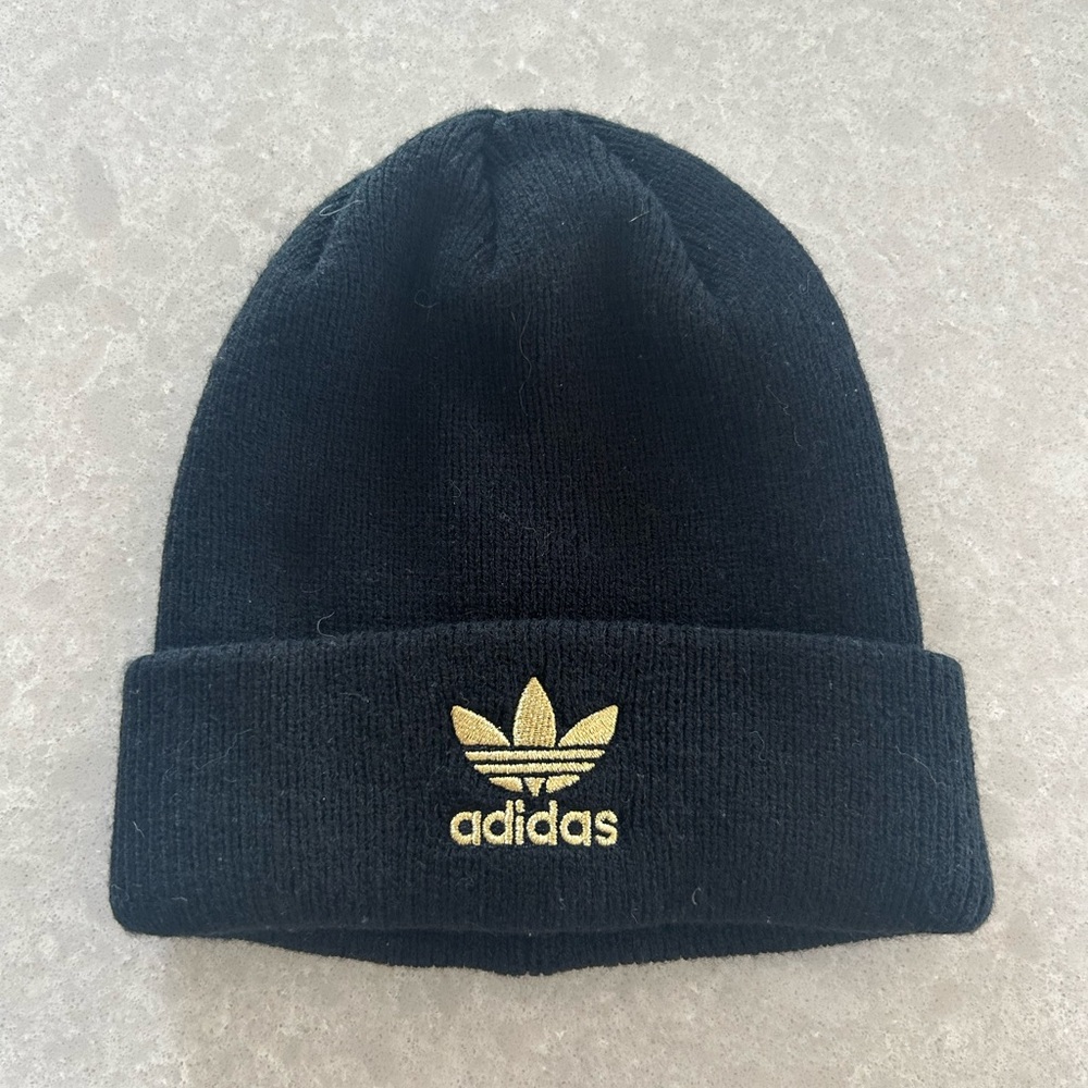 adidas Black Beanie with Gold Trefoil Embroidery